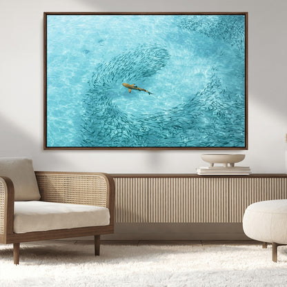 43671474-MGV-CV-36X24-Fish Swarm Wall Art Canvas Print, Framed Marine Life Art Picture Print, Shark Aerial Perfect Wildlife Coastal Decor Artwork