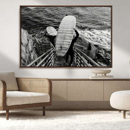 32353707-MGV-CV-36X24-Black White Surfing Wall Art Canvas Print, Framed Coastal Surfing Art Picture Print, Wave Riders Perfect Coastal Adventure Decor