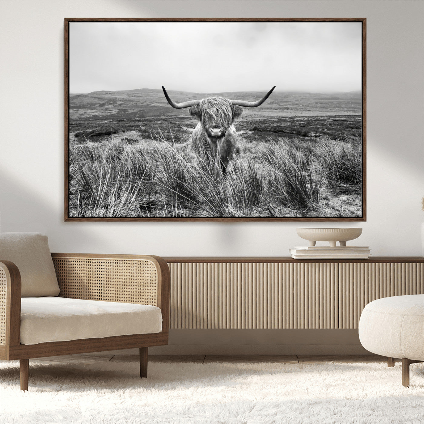 24051061-MGV-CV-36X24-Monochrome Highland Cow Wall Art Canvas Print, Framed Scottish Bull Art Picture Print, Lone Cattle Perfect Rustic Farmhouse Decor