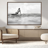 69798068-MGV-CV-36X24-Black White Surfing Wall Art Canvas Print, Framed Ocean Horizon Art Picture Print, Surfer Girl Perfect Coastal Adventure Decor
