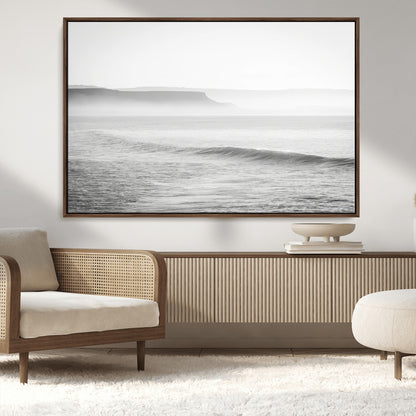 60635783-MGV-CV-36X24-Black White Seascape Wall Art Canvas Print, Framed Ocean Waves Art Picture Print, Misty Coastal Perfect Minimalist Coastal Decor