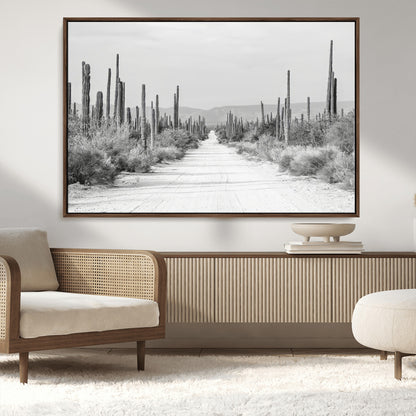 35537313-MGV-CV-36X24-Monochrome Desert Wall Art Canvas Print, Framed Cactus Path Art Picture Print, Southwestern Landscape Perfect Southwestern