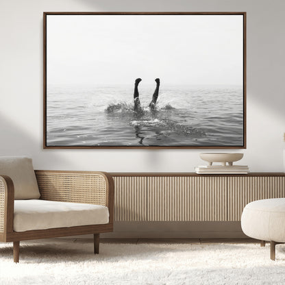 26667396-MGV-CV-36X24-Black White Ocean Wall Art Canvas Print, Framed Monochrome Water Art Picture Print, Diving into Water Perfect Minimalist Aquatic