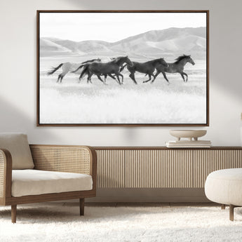 69934913-MGV-CV-36X24-Wild Horses Running Wall Art Canvas Print, Framed Black White Mustangs Art Picture Print, Rustic Western Perfect Rustic Western