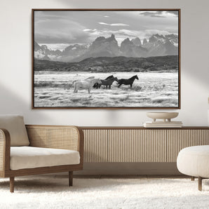 21655040-MGV-CV-36X24-Wild Horses Wall Art Canvas Print, Framed Black White Mountains Art Picture Print, Rustic Countryside Perfect Rustic Western Decor