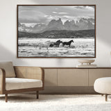 21655040-MGV-CV-36X24-Wild Horses Wall Art Canvas Print, Framed Black White Mountains Art Picture Print, Rustic Countryside Perfect Rustic Western Decor