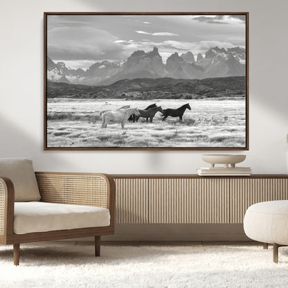 21655040-MGV-CV-36X24-Wild Horses Wall Art Canvas Print, Framed Black White Mountains Art Picture Print, Rustic Countryside Perfect Rustic Western Decor