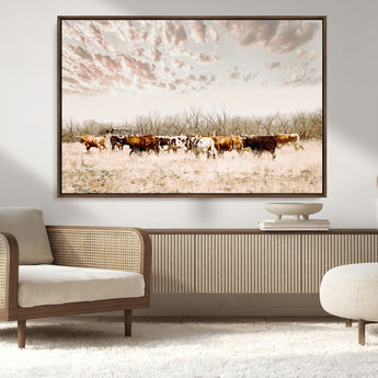 64892775-MGV-CV-36X24-Longhorn Cattle Wall Art Canvas Print, Framed Texas Ranch Art Picture Print, Western Cow Perfect Western Decor Artwork