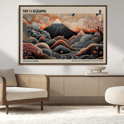 55739266-MGV-CV-36X24-Japanese Wall Art Print – Abstract Yayoi Kusama Inspired Dotted Landscape Poster, Surreal Oriental Mountain and Cherry Blossom