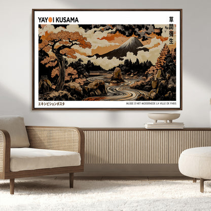96372548-MGV-FC-36X24_Walnut-Japanese Landscape Wall Art Print – Mt. Fuji Poster with Bonsai Tree & River, Ukiyo-e Inspired Modern Japanese Artwork, Autumn