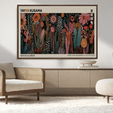 28344895-MGV-CV-36X24-Dark Floral Abstract Wall Art Poster – Modern Botanical Canvas Print with Beige Border, Kusama Inspired Boho Flower Painting,