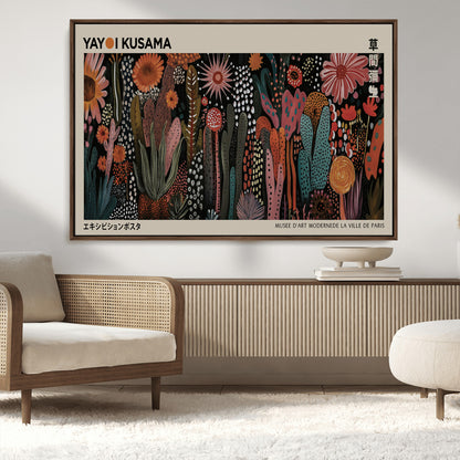 28344895-MGV-CV-36X24-Dark Floral Abstract Wall Art Poster – Modern Botanical Canvas Print with Beige Border, Kusama Inspired Boho Flower Painting,