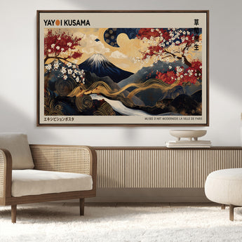 54967195-MGV-CV-36X24-Mount Fuji Wall Art – Japanese Cherry Blossom Abstract Canvas Print, Navy Gold Landscape Painting, Oriental Luxury Home Decor