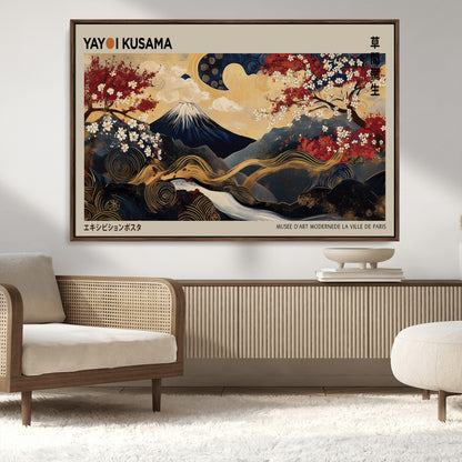 54967195-MGV-CV-36X24-Mount Fuji Wall Art – Japanese Cherry Blossom Abstract Canvas Print, Navy Gold Landscape Painting, Oriental Luxury Home Decor