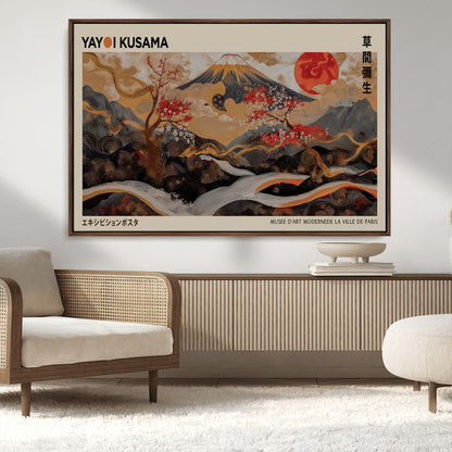 77970791-MGV-FC-36X24_Walnut-Mount Fuji Golden Abstract Wall Art – Japanese Landscape Canvas Poster, Cherry Blossom & Red Sun Painting, Elegant Zen Oriental