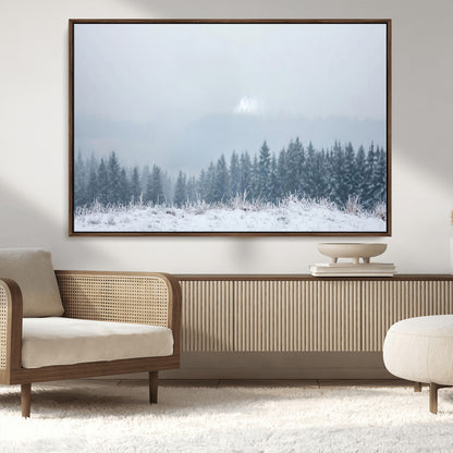 33033082-MGV-CV-36X24-Winter Forest Art Wall Art Canvas Print, Framed Snowy Landscape Art Picture Print, Misty Tree Scene Perfect Nordic Minimalist