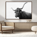 99244177-MGV-CV-36X24-Longhorn Photography Wall Art Canvas Print, Framed Western Cow Decor Art Picture Print, Black White Bull Perfect Modern Rustic