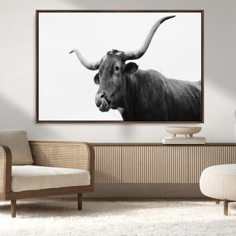 99244177-MGV-CV-36X24-Longhorn Photography Wall Art Canvas Print, Framed Western Cow Decor Art Picture Print, Black White Bull Perfect Modern Rustic