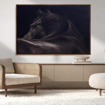 67026880-MGV-CV-36X24-Black Horse Portrait Wall Art Canvas Print, Framed Moody Horse Decor Art Picture Print, Equestrian Wall Style Perfect Masculine