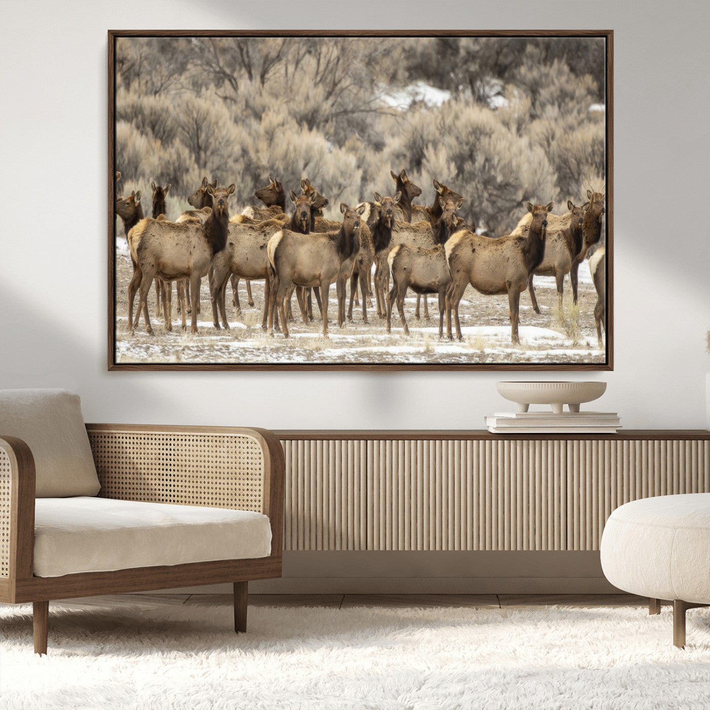 90269422-MGV-CV-36X24-Elk Herd Scene Wall Art Canvas Print, Framed Rustic Wildlife Decor Art Picture Print, Western Cabin Style Perfect Rustic Lodge