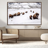 13891210-MGV-FC-36X24_Walnut-Bison Herd Scene Wall Art Canvas Print, Framed Western Wildlife Decor Art Picture Print, Snowy Mountain Valley Perfect Rustic