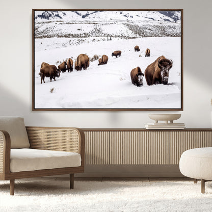 13891210-MGV-FC-36X24_Walnut-Bison Herd Scene Wall Art Canvas Print, Framed Western Wildlife Decor Art Picture Print, Snowy Mountain Valley Perfect Rustic