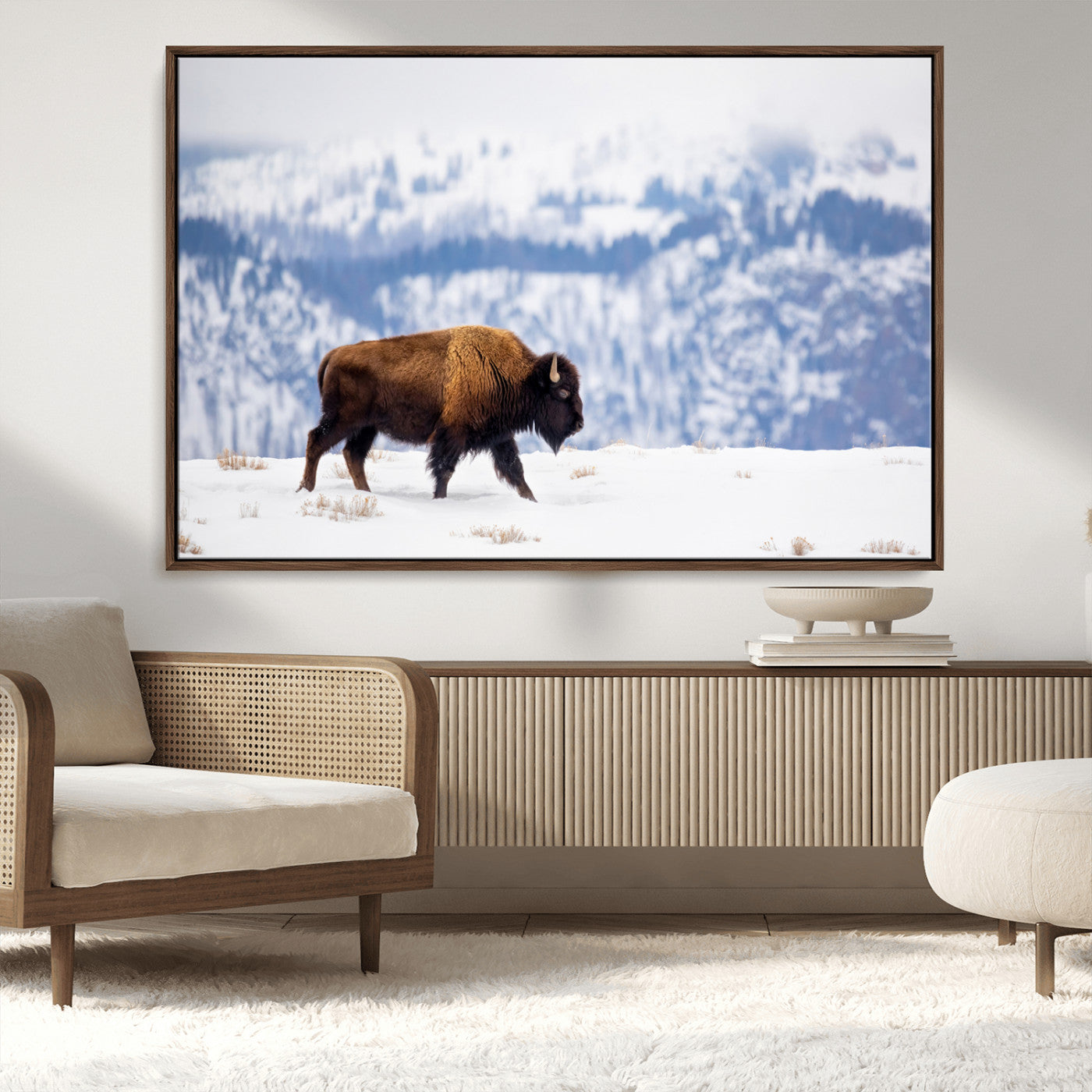 58512275-MGV-CV-36X24-Cowboy Aesthetic Wall Art Canvas Print, Framed Neutral Animal Theme Art Picture Print, Bison Ranch Style Perfect Rustic Western