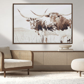 48161868-MGV-CV-36X24-Longhorn Cow Decor Wall Art Canvas Print, Framed Rustic Cattle Art Picture Print, Sepia Western Vibe Perfect Neutral Rustic