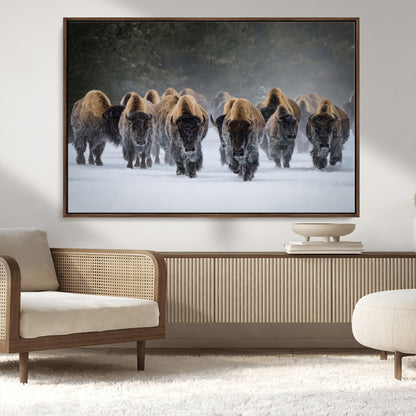 41669135-MGV-CV-36X24-Bison Herd Scene Wall Art Canvas Print, Framed Rustic Wildlife Decor Art Picture Print, Snowy Bison Landscape Perfect Rustic
