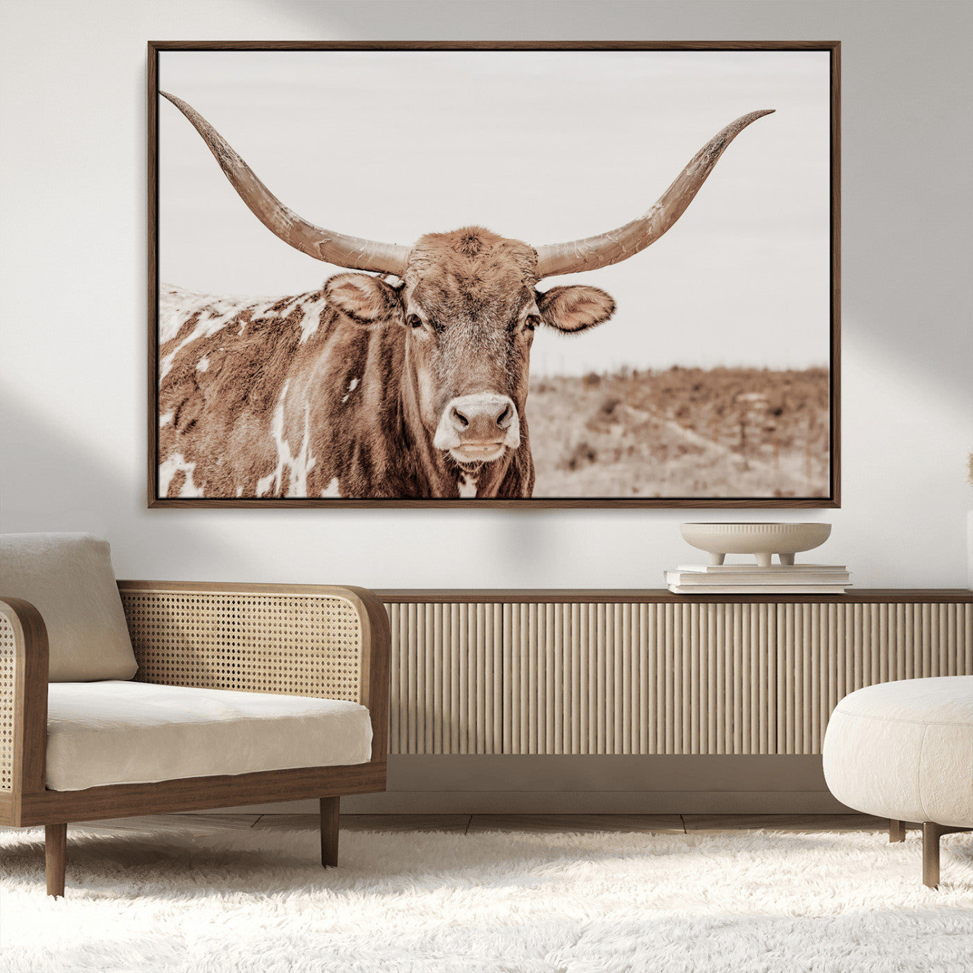 77810049-MGV-FC-36X24_Walnut-Longhorn Bull Photo Wall Art Canvas Print, Framed Rustic Cow Decor Art Picture Print, Neutral Farmhouse Style Perfect Rustic