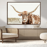 98924580-MGV-CV-36X24-Texas Longhorn Bull Wall Art Canvas Print, Framed Rustic Farmhouse Decor Art Picture Print, Western Animal Theme Perfect Rustic