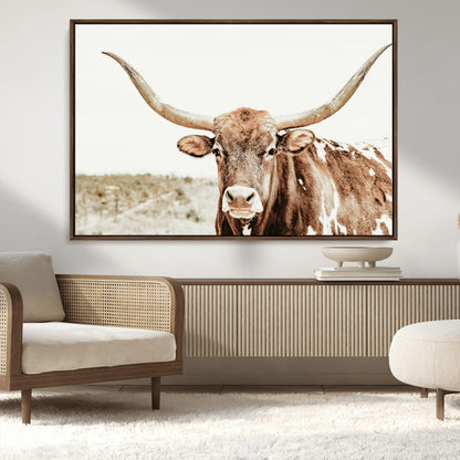 98924580-MGV-CV-36X24-Texas Longhorn Bull Wall Art Canvas Print, Framed Rustic Farmhouse Decor Art Picture Print, Western Animal Theme Perfect Rustic