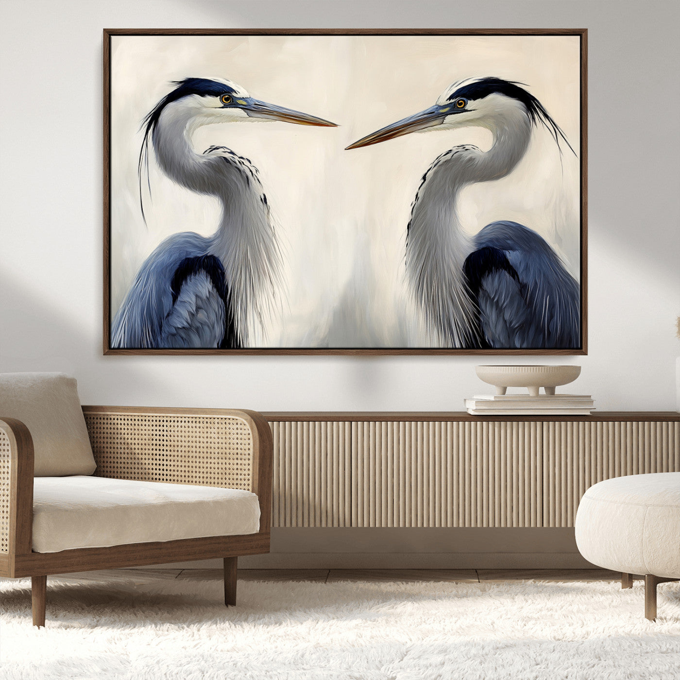 18230556-MGV-CV-36X24-Blue Heron Pair Wall Art Canvas Print, Framed Coastal Bird Theme Art Picture Print, Tranquil Wildlife Scene Perfect Coastal
