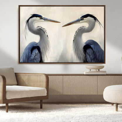 18230556-MGV-CV-36X24-Blue Heron Pair Wall Art Canvas Print, Framed Coastal Bird Theme Art Picture Print, Tranquil Wildlife Scene Perfect Coastal