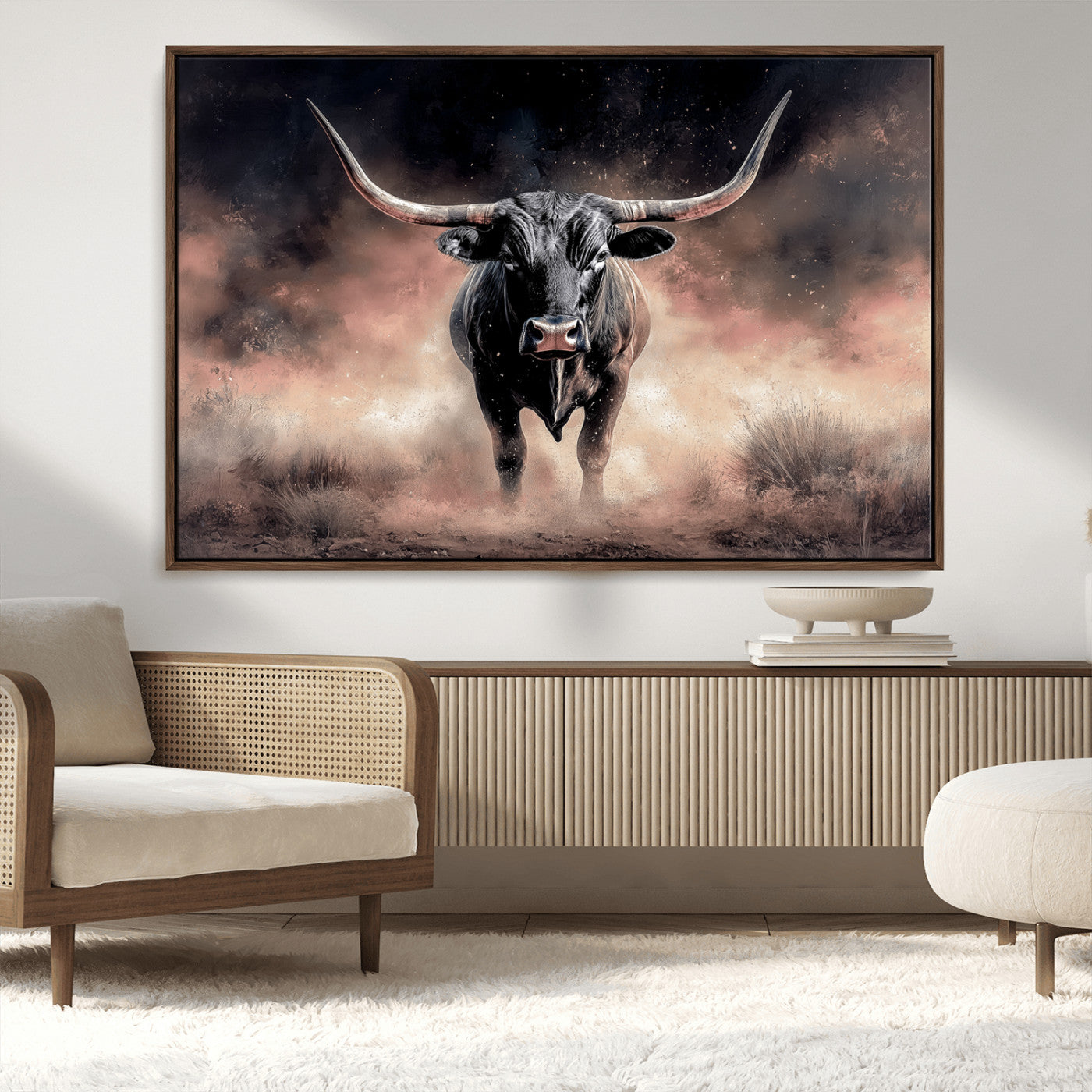 71457818-MGV-FC-36X24_Walnut-Longhorn Wall Art Wall Art Canvas Print, Framed Western Bull Canvas Art Picture Print, Rustic Cow Decor Perfect Western Dramatic