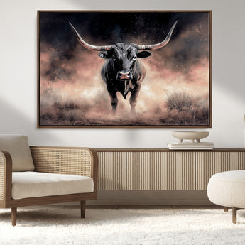 71457818-MGV-FC-36X24_Walnut-Longhorn Wall Art Wall Art Canvas Print, Framed Western Bull Canvas Art Picture Print, Rustic Cow Decor Perfect Western Dramatic