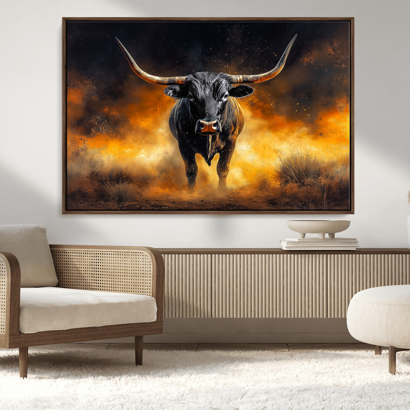 58293979-MGV-CV-36X24-Longhorn Canvas Wall Art Canvas Print, Framed Bold Bull Wall Art Art Picture Print, Western Animal Decor Perfect Western Dramatic