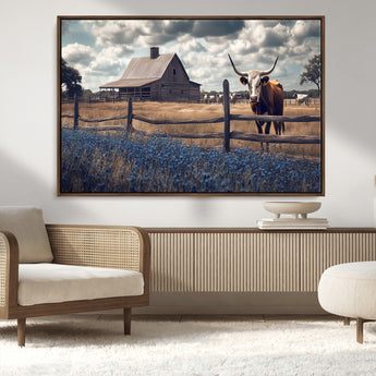 51092814-MGV-FC-36X24_Walnut-Texas Longhorn Wall Art Wall Art Canvas Print, Framed Rustic Barn Canvas Art Picture Print, Farmhouse Cow Decor Perfect Rustic