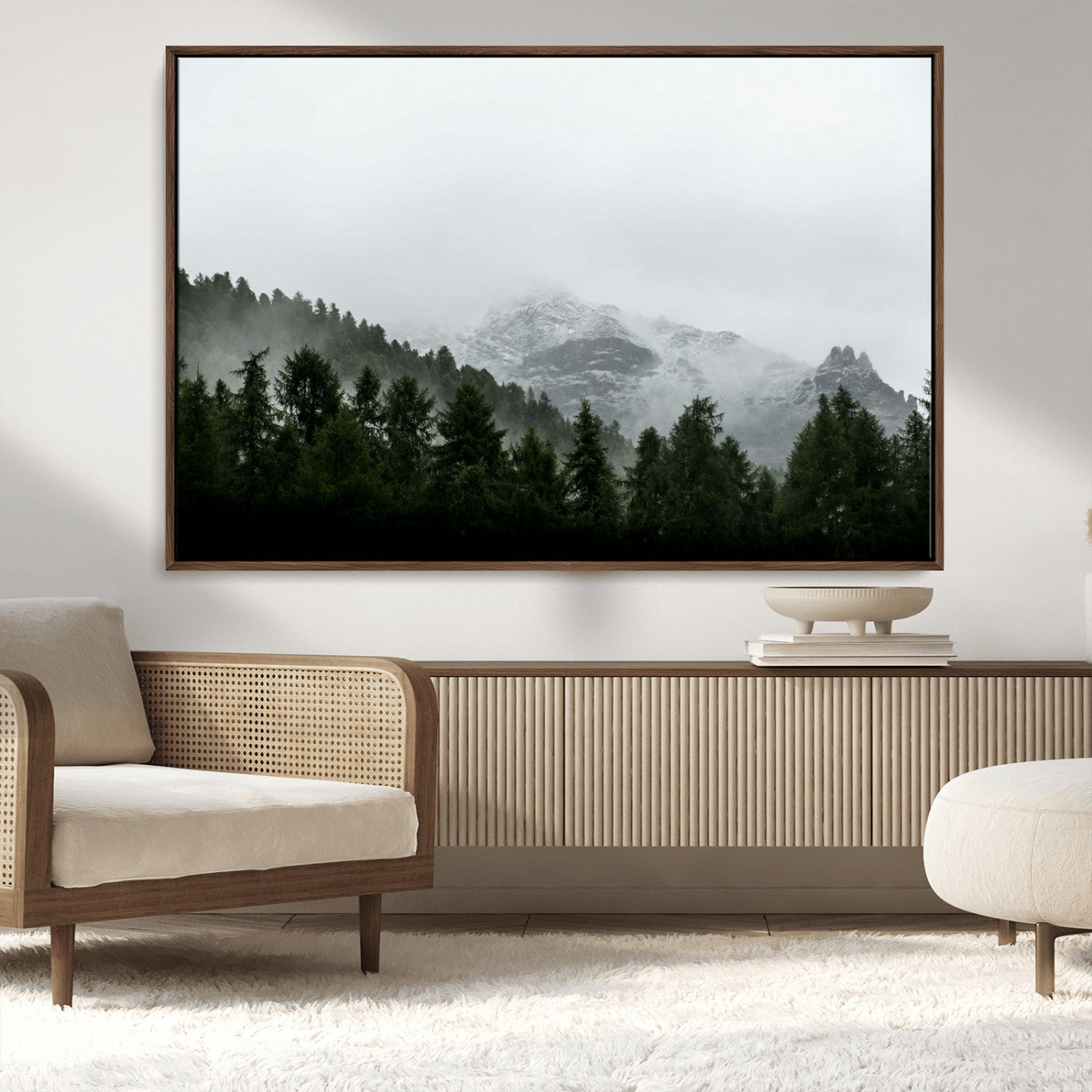 55968349-MGV-FC-36X24_Walnut-Misty Mountains Wall Art Canvas Print, Framed Foggy Forest Art Picture Print, Snowy Peaks Perfect Moody Wilderness Decor Artwork