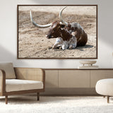 76549210-MGV-CV-36X24-Texas Longhorn Wall Art Canvas Print, Framed Country Living Art Picture Print, Farmhouse Aesthetic Perfect Western Rustic Decor