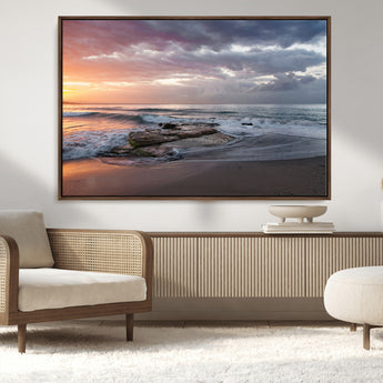 94208089-MGV-CV-36X24-Golden Hour Wall Art Canvas Print, Framed Tranquil Waves Art Picture Print, Beach Horizon Perfect Coastal Serenity Decor Artwork