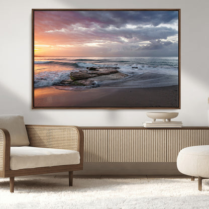 94208089-MGV-CV-36X24-Golden Hour Wall Art Canvas Print, Framed Tranquil Waves Art Picture Print, Beach Horizon Perfect Coastal Serenity Decor Artwork