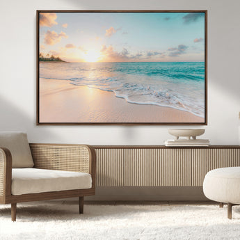 94538225-MGV-FC-36X24_Walnut-Beach Sunset Wall Art Canvas Print, Framed Ocean Waves Art Picture Print, Summer Escape Perfect Coastal Serenity Decor Artwork