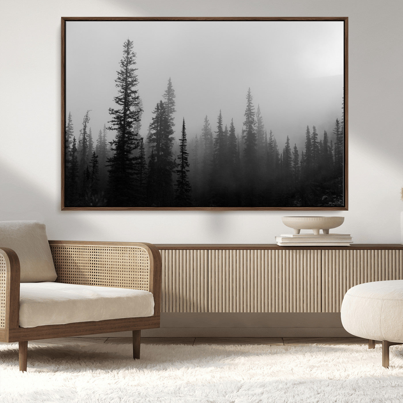 73138900-MGV-CV-36X24-Misty Pines Wall Art Canvas Print, Framed Woodland Photography Art Picture Print, Minimalist Decor Perfect Modern Rustic Decor