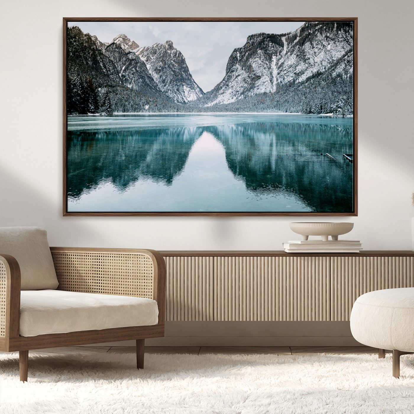 73098373-MGV-CV-36X24-Mountain Lake Wall Art Canvas Print, Framed Winter Wonderland Art Picture Print, Snowy Peaks Perfect Modern Nature Decor Artwork
