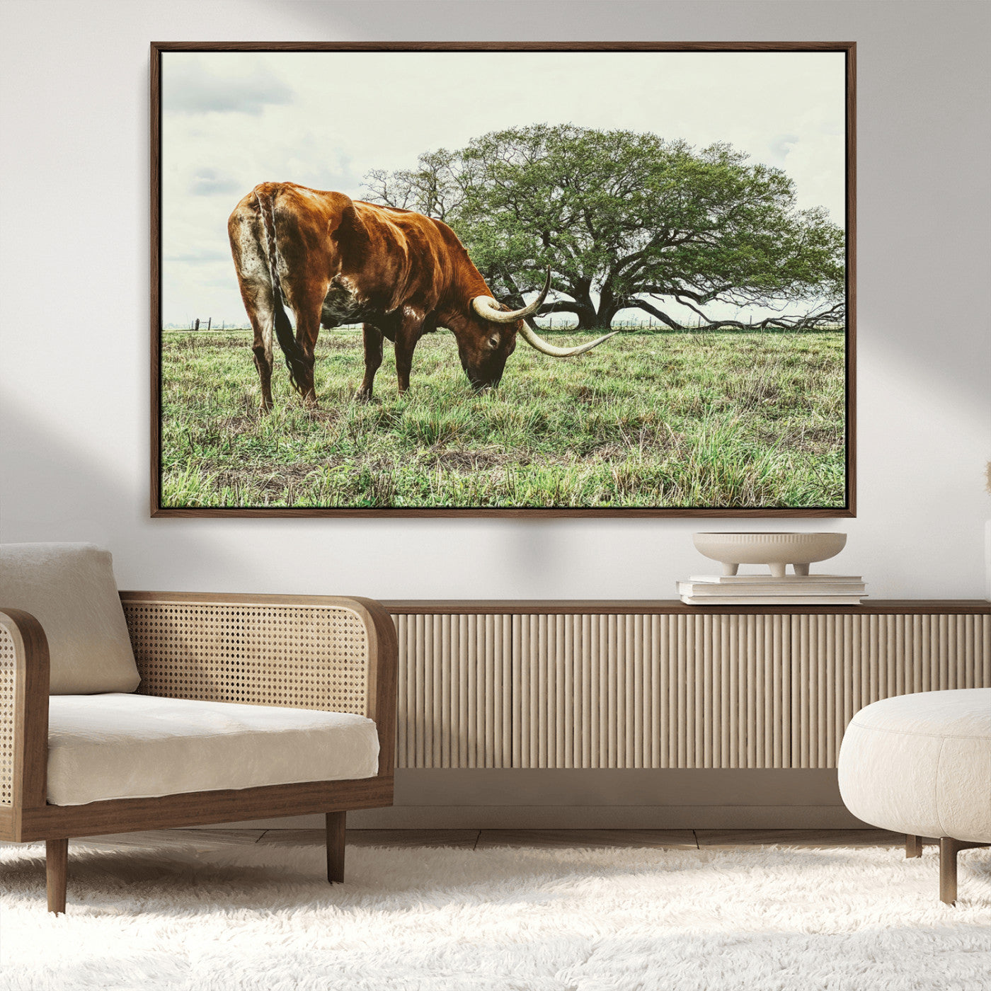 91866234-MGV-CV-36X24-Texas Longhorn Wall Art Canvas Print, Framed Rustic Ranch Art Picture Print, Western Cattle Perfect Rustic Farmhouse Decor Artwork