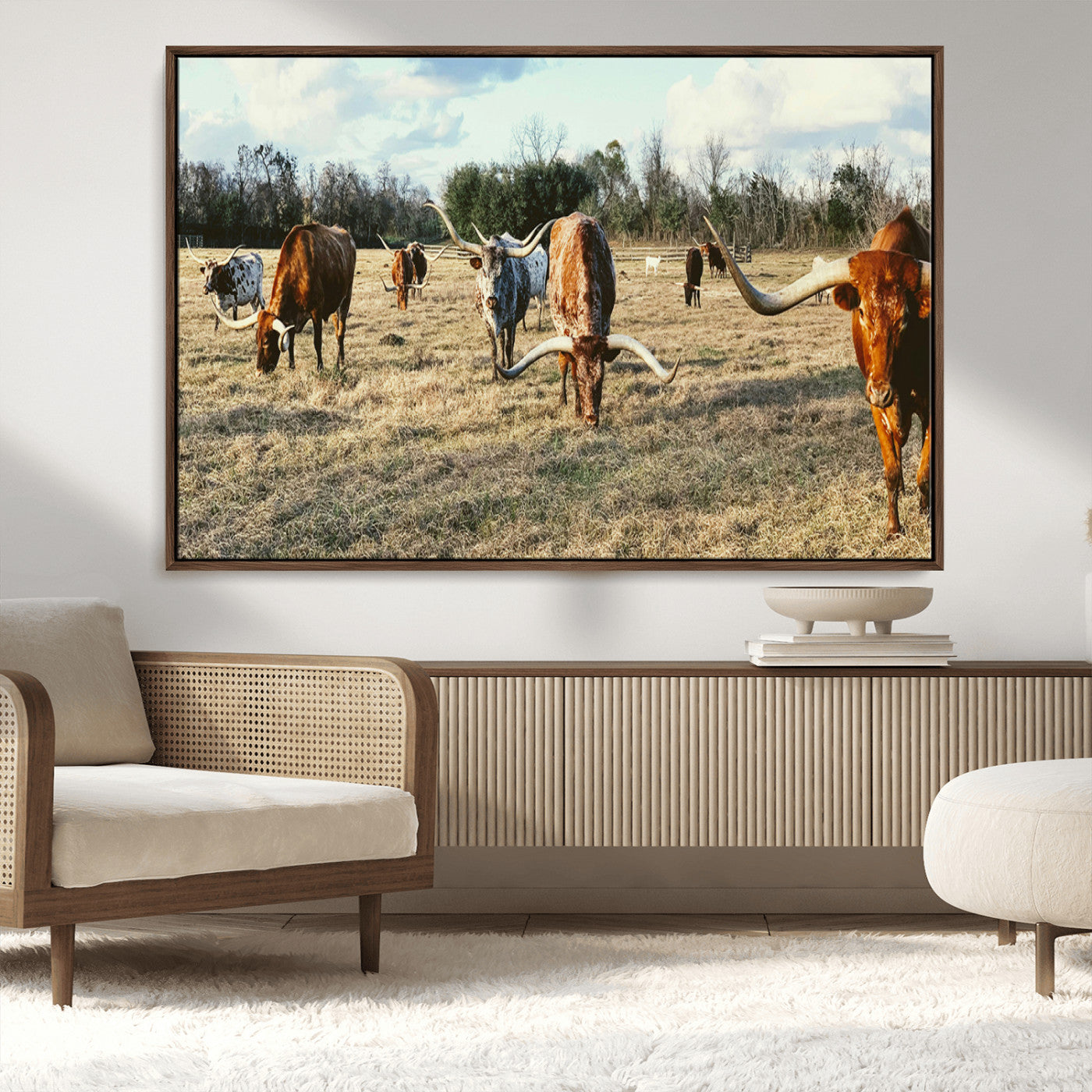 39144651-MGV-CV-36X24-Texas Longhorns Wall Art Canvas Print, Framed Rustic Farm Scene Art Picture Print, Western Cattle Perfect Rustic Farmhouse Decor