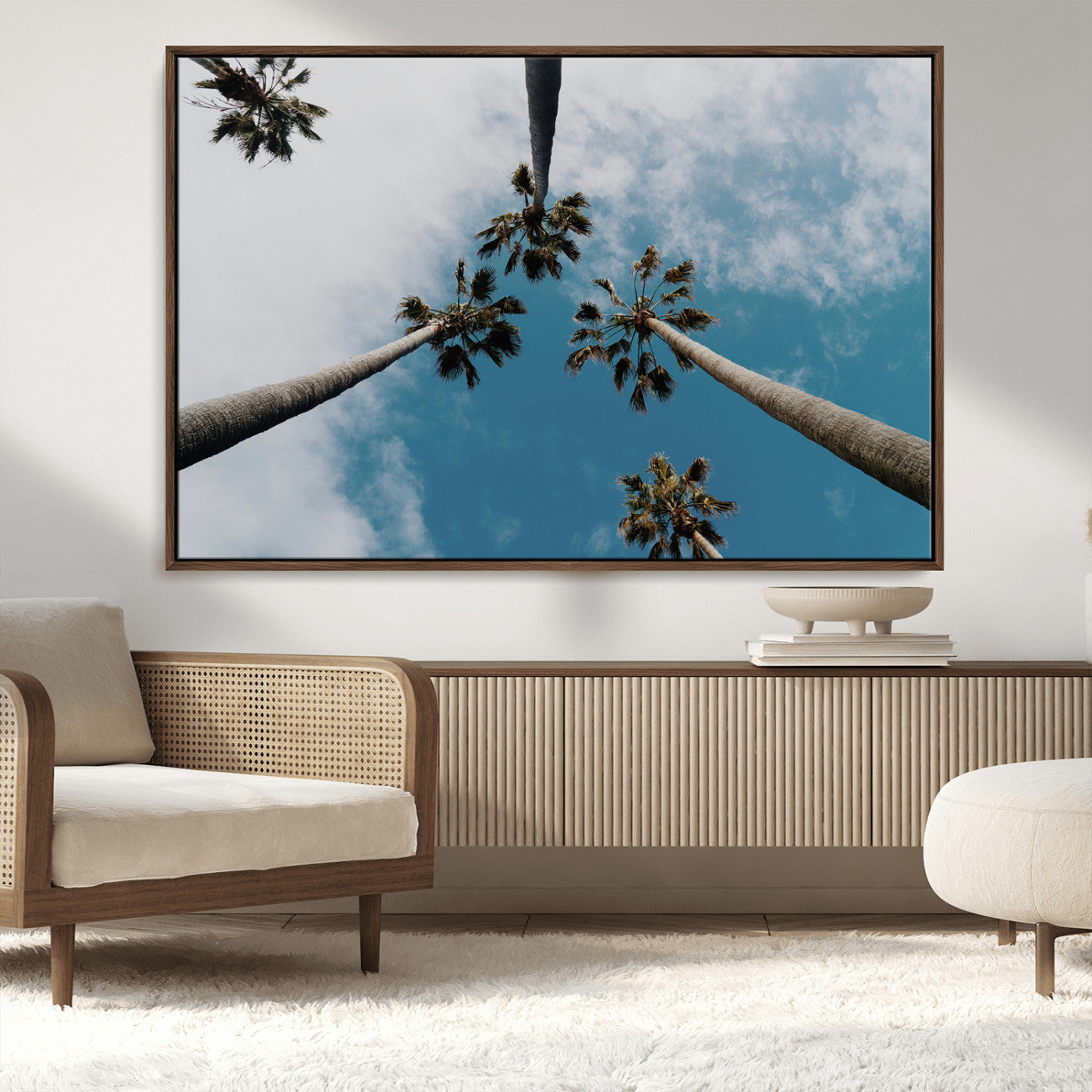 45236398-MGV-FC-36X24_Walnut-Tropical Palm Trees Wall Art Canvas Print, Framed California Sky Art Picture Print, Minimalist Nature Perfect Coastal Minimalist