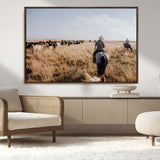 22431577-MGV-FC-36X24_Walnut-Western Wall Art Wall Art Canvas Print, Framed Cowboy Canvas Art Picture Print, Cattle Drive Scene Perfect Rustic Western Decor