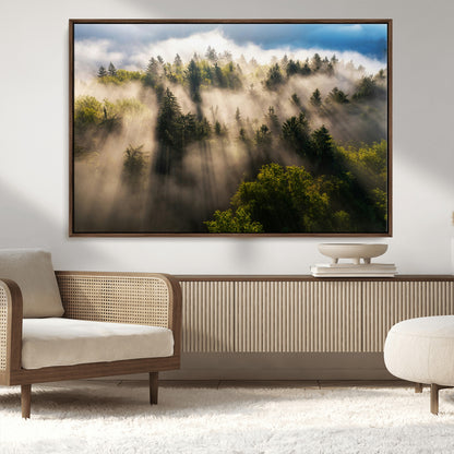 14785710-MGV-CV-36X24-Tranquil Forest Scene Wall Art Canvas Print, Framed Sunbeam Through Trees Art Picture Print, Moody Green Wall Art Perfect